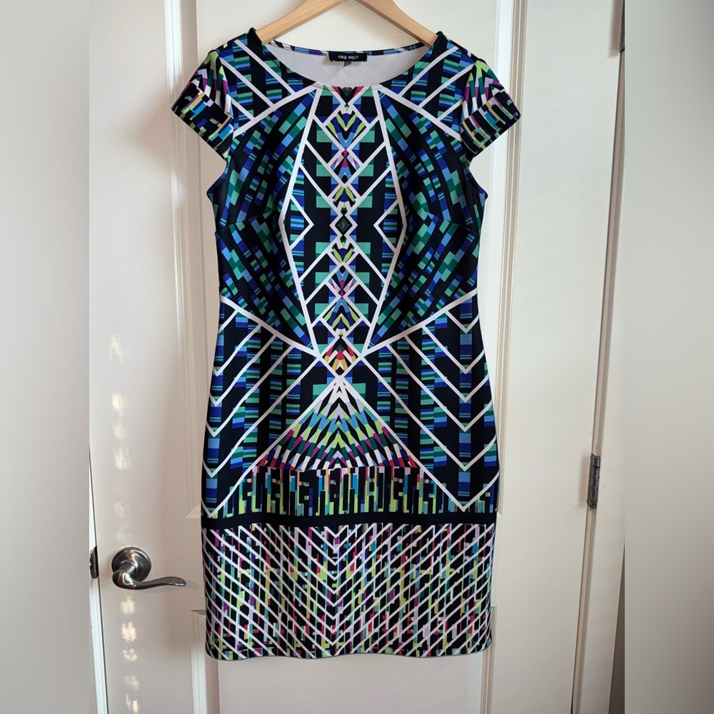 Nine West Vibrant Geometric Midi Dress Cap Sleeves Size 10